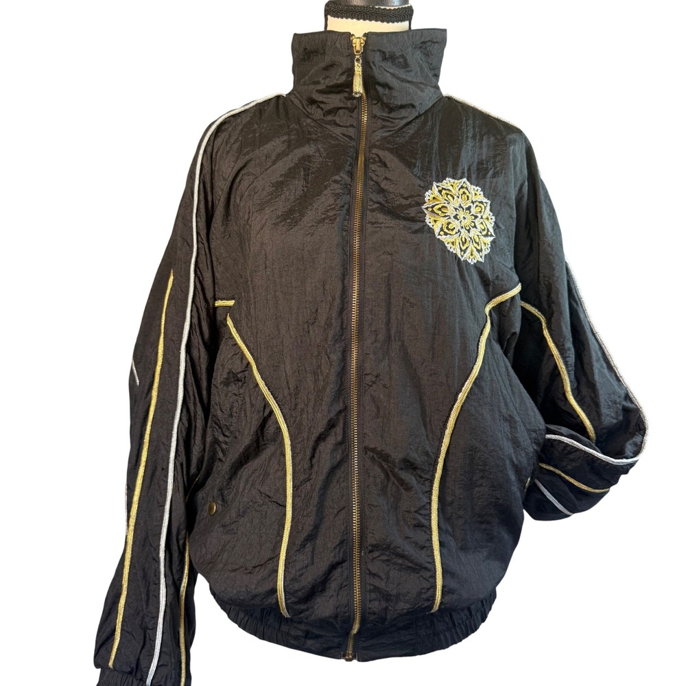 Lavon Windbreaker Jacket Womens Medium Black Gold Silver Embroidery 90s Vintage